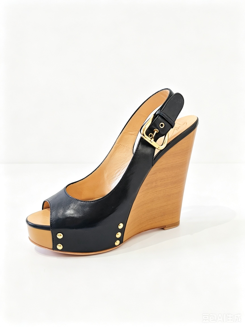 Giuseppe Zanotti Black Leather Wedge Slingback Sandals with Gold Buckle